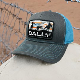 DALLY Up Roping Western Lifestyle Adjustable 6-Panel Snapback Hat (Aztec Calf Roping - Charcoal/Neon Blue)