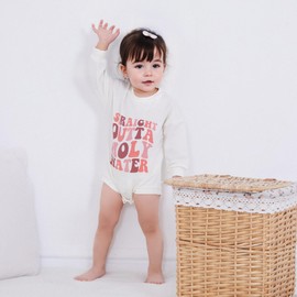 YOKJZJD Newborn Baby Girl Boy Baptism Outfits Straight Outta Holy Water Bubble Romper Sweatshirt Fall Christening Bodysuit (Pink, 12-18 Months)