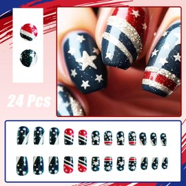 24pcs 4th of July Press on Nails Medium Square Independence Day Fake Nails with Glitter Design American Flag False Nail Tips Star Glue on Nails French Acrylic Nails Full Cover Stick on Nails for Women
