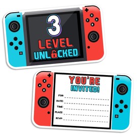 Yangmics Direct Video Gamer Birthday Party Fill In Invitations, 3rd Birthday Games, Video Game Party Invitations, Decorations, Favors for Boys Kids, 30 Invitations + 30 Envelopes - Level 3 Unlocked