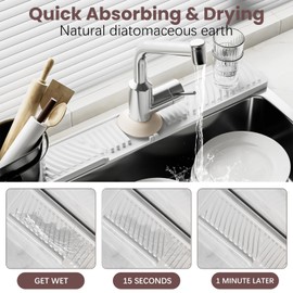 Diatomite Faucet Mat for Kitchen Sink - Fast Drying Sink Splash Guard, Multi-Slope Fast Self-Draining Stone Sink Mat for Kitchen Faucet, Sink Faucet Mat Splash Guard Keep Countertops Dry (23.6"x4")