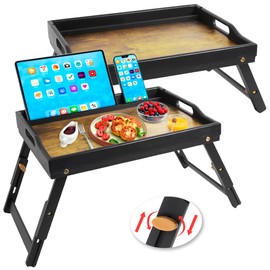 Greenual 2 Pack Bed Tray Table with Handles Folding Legs, Rustic Dark Brown Bamboo Breakfast Food Tray with Media Slot, Use As Platter, Laptop Desk, Snack, TV Tray Kitchen Serving Tray