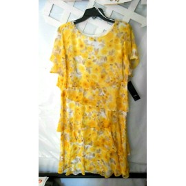 R & K NEW R & K Yellow/Ivory Floral Dress size 16 Knee-length w/ Ruffles Short Sleeves