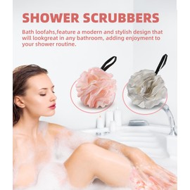 Loofah Sponge 2PCS Bath Shower Loofah Soft Bath Sponge Mesh Shower Puff Loofa Exfoliating Bath Scrubber for Body Lufas Body Sponge Bath Accessories for Women and Men, Satin hair bonnet 2PCS