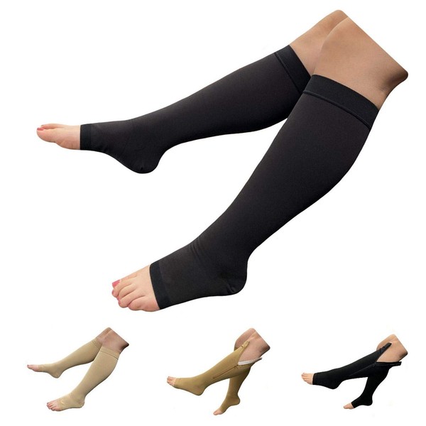 HealthyNees Big Tall Open Toe 20-30 mmHg Compression Plus Wide Calf Leg Socks (Black, L/XL)