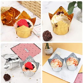 Foil Tulip Cupcake Liners, 3.5 OunceDisposable Muffin Liners 100pcs, Aluminum Foil Baking Cups,Tulip Style Cupcake Cups, Baking Cups, Foil Cups, Aluminum Cupcake Pan Ramekin Holders(Gold and silver)