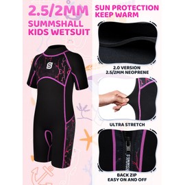 Summshall Kids Wetsuit 2.5mm Shorty One Piece Children Wetsuits UV Protection Back Zip Thermal Swimsuits for Boys Girls Keep Warm Stretch Diving Suit for Water Sport