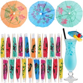 Haundry Cocktail Umbrella Picks, 24-Pack Drink Umbrella Toothpicks, Colorful Paper Cupcake Toppers for Luau Party Sandwich Fruit, Wooden Cocktail Picks for Tropical Hawaiian Tiki Party Decoration