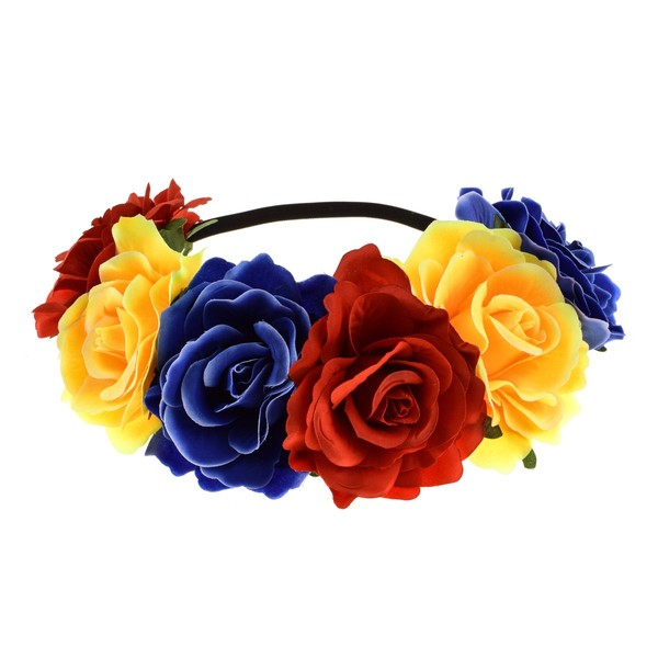 June Bloomy Rose Floral Crown Garland Flower Headband Headpiece for Wedding Festival (Red Yellow Blue)