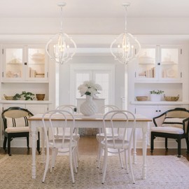 QAREHL Farmhouse Chandelier Rustic Orb Chandeliers for Dining Room White Wooden Pendant Lighting 4 Light Small French Country Hanging Light Fixtures for Kitchen Island Living Room Bedroom Entryway