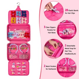 Jaffzora Organizador de accesorios para el cabello para niñas, soporte colgante para lazos, bolsa de almacenamiento para pinzas para el cabello, diademas, coleteros y corbatas para el cabello (rosa)