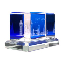 LILAJ 3D Laser Engraved Skyline Crystal Art Blue Tinted Glass Ornament Featuring Iconic London Landmarks Big Ben Tower Bridge London Eye & The Shard – Perfect Home Decor, Collectible British Souvenir