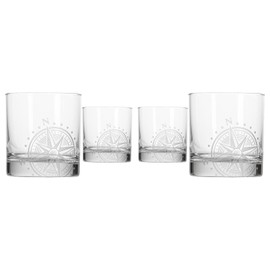 Rolf Glass Compass Star On the Rocks Glass 10 ounce | Set of 4 | Lead-Free Glass | Nautical Themed Glassware | Stylish Drinkware for Home Bar and Parties | Made in the USA
