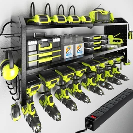 KAFAHOM Power Tool Organizer with Charging Station, Built in 8 Outlet Power Strip,Large 8 Drill Holder Wall Mount, Heavy Duty Metal Power Tool Storage Rack Tool Shelf for Garage Organization Black