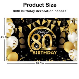 80th Happy Birthday Backdrop Banner, 80th Birthday Party Decoration Background, Black Gold Birthday Banners Supplies for Indoor Outdoor Photo Booth Props Children Men Women Celebration(70” x 43”)