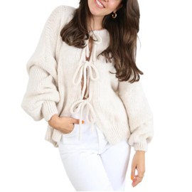 CocMouse Women Bow Tie Front Cardigan Sweater Y2k Chunky Lace up Knit Top Casual Crewneck Vintage Aesthetic Streetwear (Beige, S)