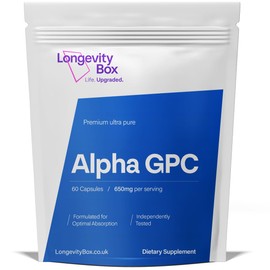 Longevity Box Ultimate Alpha GPC 650mg - 60 Capsules | High-Purity Nootropic for Focus, Memory, Motivation, Mood & Energy | Over 99% Pure GPC | Gluten-Free | Third Party Tested, 60 Days Supply