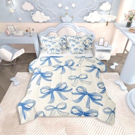 Feelyou Blue Bow Comforter Set with Sheets Cute Bowknot Bed in a Bag for Kids Boys Girls Bedroom Decor Princess Style 7 Piece Bedding Set Full Size Soft Kawaii Bow Tie Bed Set