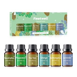 Featwell Essential Oils for Diffusers for Home, Aromatherapy Oils Set of 6, Lavender, Lemongrass, Peppermint, Tea Tree, Orange, Eucalyptus