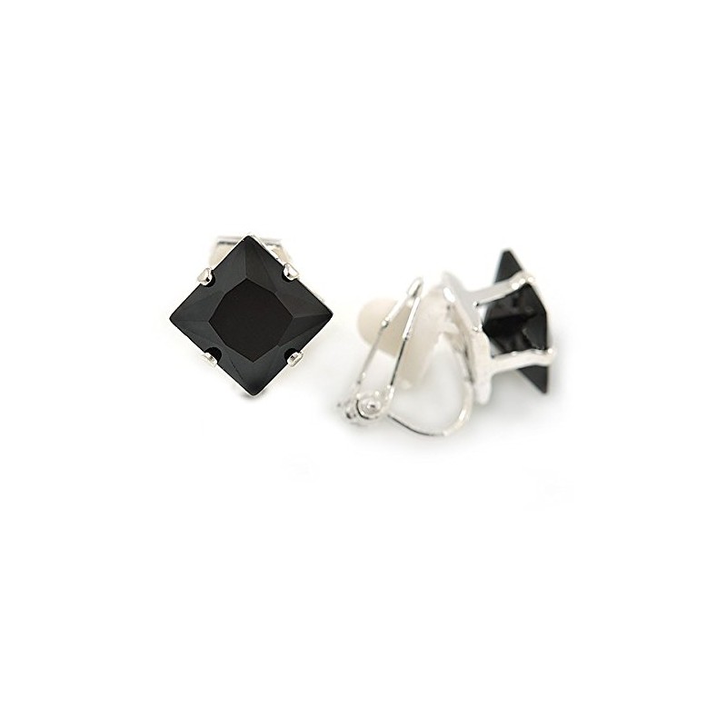 8mm Black Cz Square Clip On Earrings In Rhodium Plating
