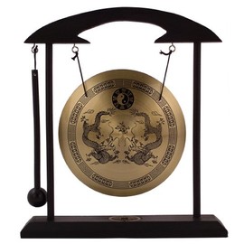 THY Collectibles Asian Zen Art Brass Feng Shui Desktop Gong Bell with Stand and Rammer for Home Decoration - Twin Dragons