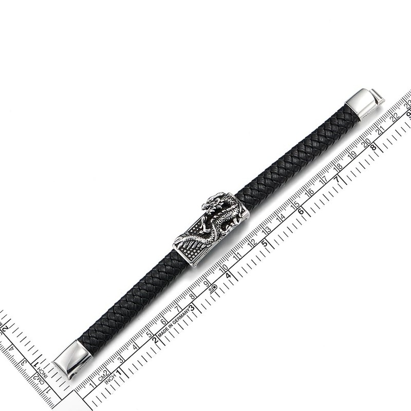 COOLSTEELANDBEYOND Men's Leather Dragon Bracelet, Braided Black Leather with 3D