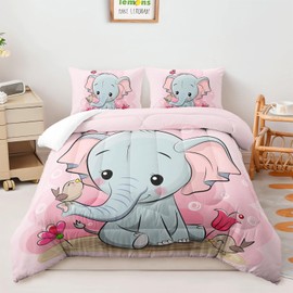 AILONEN Cute Elephant Comforter Set Twin Size,Cartoon Pink Elephant Bedding Set for Girls Kids Boys for Bedroom Decor,3 Animal Theme Duvet Set,1 Comforter Set and 2 Pillowcases