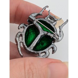 Iridescent Glass Scarab Beetle Brooch deep green & gunmetal color insect pin Egyptian Revival