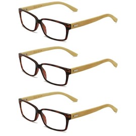 V.W.E. 3 Pairs Genuine Real Bamboo Reading Glasses - Rectangular Modern Readers - Unisex (3 Tortoise, 1.25)