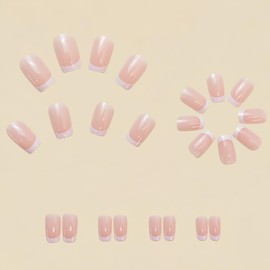 White French Tip Press on Nails Short Square Fake Nails Nude Pink Acrylic Nails Glossy Nature Artificial Nails Medium Chrome Glue on Nails Full Cover Stick on Nails for Women Girls Manicure 24Pcs