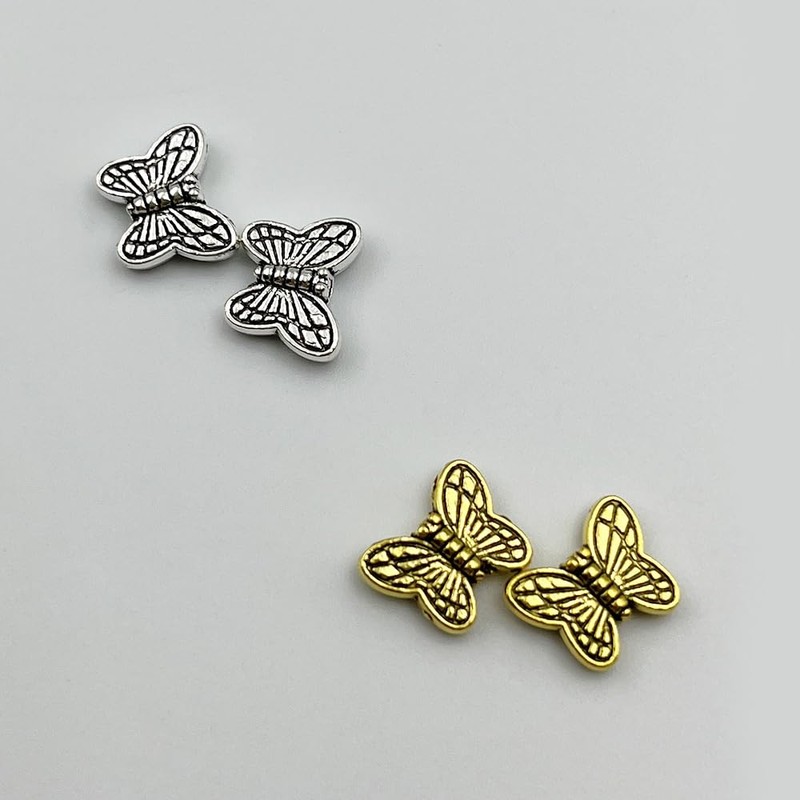 vokoko 100Pcs Metal Butterfly Beads Silver Gold Butterfly Spacer Beads