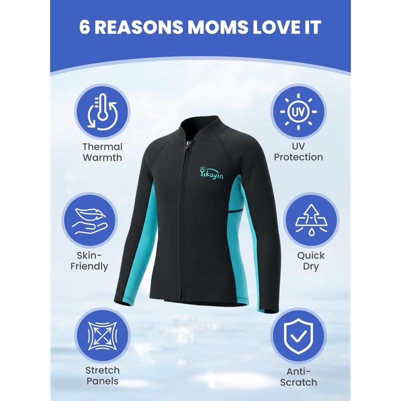 Yikayin Kids Wetsuit Top for Boys Girls, 2mm Neoprene Thermal