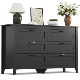WLIVE Black Dresser for Bedroom, 6 Drawer Wood Dresser with Metal Handle, Large Double Wooden Chest of Drawers for Living Room, Hallway, Closet