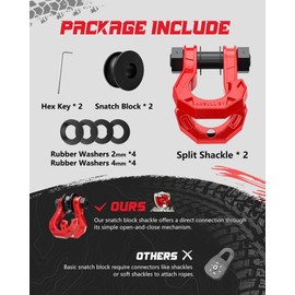 AMBULL D Ring Split Shackle with Snatch Block 2Set, 3/4" Split Shackles w/Snatch Block Pulley, Heavy Duty Shackle for Towing Winch, Pulley for Off-Road Vehicle Recovery, Truck, ATV, UTV, RedRed