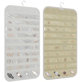 DonYeco 2-Pack Hanging Jewelry Organizer Dual-sided 80-Pocket Jewelry Storage for Earring Necklace Bracelet Ring and more, White and Beige