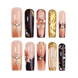 CUZIAM Brown Flower Press on Nails Long Square-Handmade Nails with 3D Chrome Gold Floral Rhinestones Designs Leopard French Tip Fall Nail, Autumn Winter New Year Fake Nails for Women, 24PCS