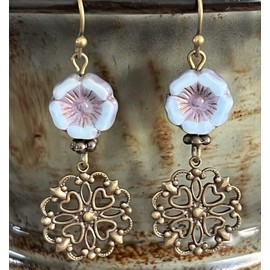 Etched Bronze and Blue Czech Flower Bead Earrings Flowers Bloom. Jewelry Earrings for Women #3298FE3375