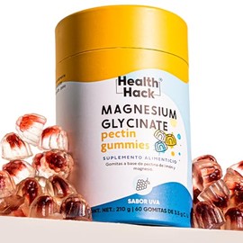 Health Hack Glicinato de Magnesio en Gomitas, 410 mg de Magnesio Elemental como Glicinato por Porción, Sabor Uva, Sin Azúcar, Suplemento Vegano Sin Gl