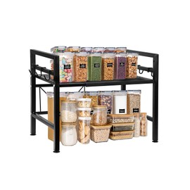 Vaphayva Expandable Kitchen Cabinet Counter Shelf, Adjustable Countertop Organizer, Pantry Storage Shelves with 6 Hooks for Pantry Kitchen Cabinet Bathroom