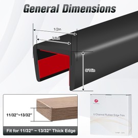 Rubber Edge Trim, Self Adhesive U Channel Edge Trim, Big Size U Shaped Trim, Edge Banding for Plywood, Woods, Shelf, Cabinet, Countertop, Fit for 3/8", Length 20Ft, Black