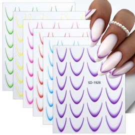 6 Sheets French Tip Nail Stickers for Nail Art Gradient Designs French Tips Nail Art Stickers Green Yellow Pink Purple Red Blue Nail Decals 3D Self-Adhesive French Nail Supplies for Women Girls