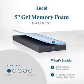 LUCID 5 Inch Memory Foam Low Profile-Cooling Gel Infusion-Hypoallergenic Bamboo Charcoal-Breathable Cover Bed Mattress Conventional, Full, WHITE