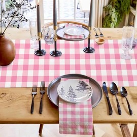 Camino de mesa de Navidad de lino rojo y blanco con bastón de caramelo, 72 pulgadas de largo, temporada de invierno, Navidad, día festivo, estilo granja, decoración de mesa (rosa claro)