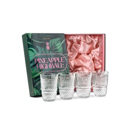 GLASSIQUE CADEAU Vintage Pineapple Gin and Rum Highball Cocktail Glasses | Set of 4 | 12 oz Tall Heavy Crystal Tumblers for Drinking Long Bar Drinks | Tropical Glassware Collection