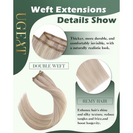 Ugeat Real Hair Extensions Blonde Highlight Hair Wefts Real Hair for Sewing 35 cm Ash Blonde Highlight Platinum Blonde Real Hair Wefts for Sewing Natural 80 g