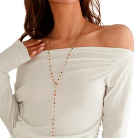 Gold Crystal Long Necklace,Summer Beach Crystal Bead Chest Body Chain Jewelry Bikini Beads Clavicle Chain Necklace for Women (Colorful)