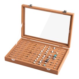 Frebeauty Ring Organizer Tray 100 Slots Ring Holder with Clear Lid Velvet Storage Box Jewelry Tray for Jewelry Store Earring Display Case for Jewelry Show Studs Box for WomenCamel