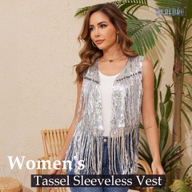WERFORU Women's Sequin Sleeveless Tassel Vest Western Sequin Tassel Vest Sparkly Fringe Cowgirl Outfit,Silver,Medium