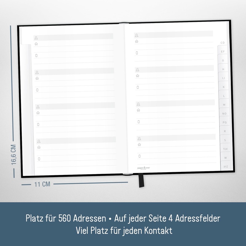 paper&you® Address Book A6+ with A-Z Index "Black Edition" Book