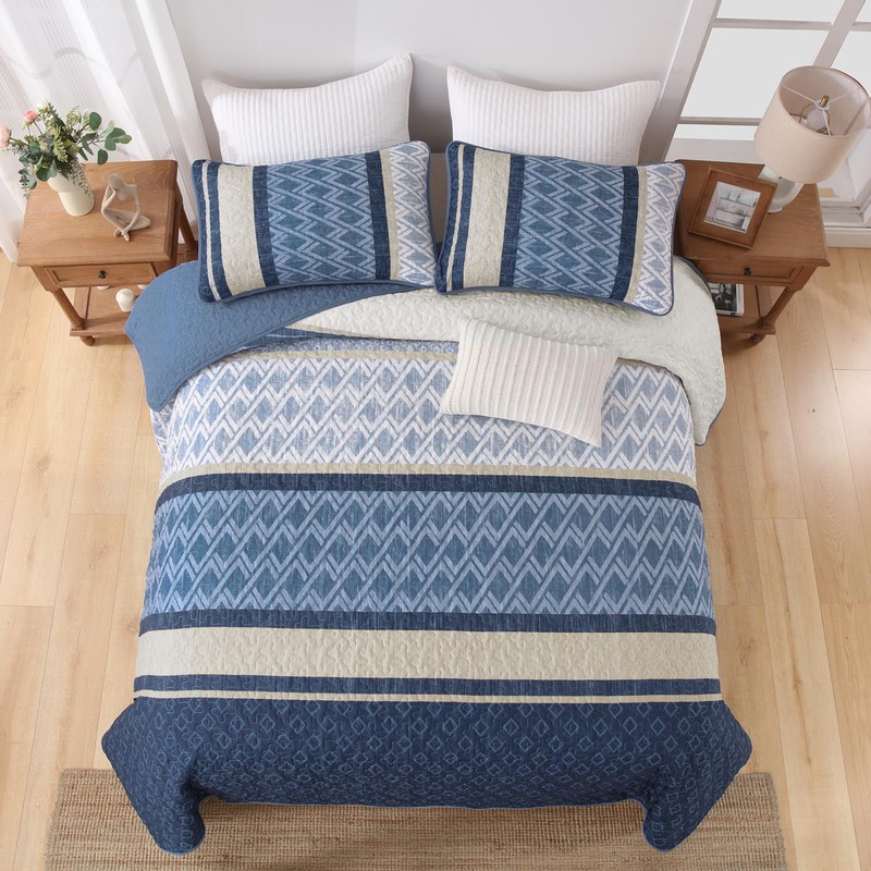 Dinjoy King Size Quilt Set Boho, Soft Striped Bedspreads Blue